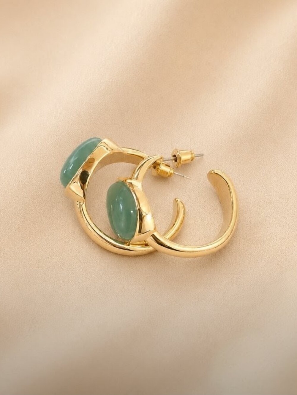 Anthropologie Gold Hoop Earrings Green Jade Stone Inset